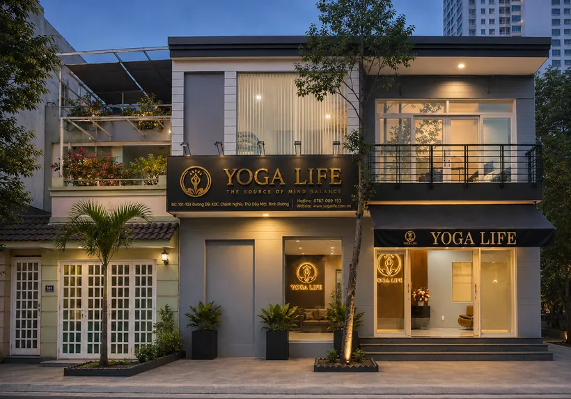 The Yoga Life Premium building on Đường D9 in Bình Dương at dusk