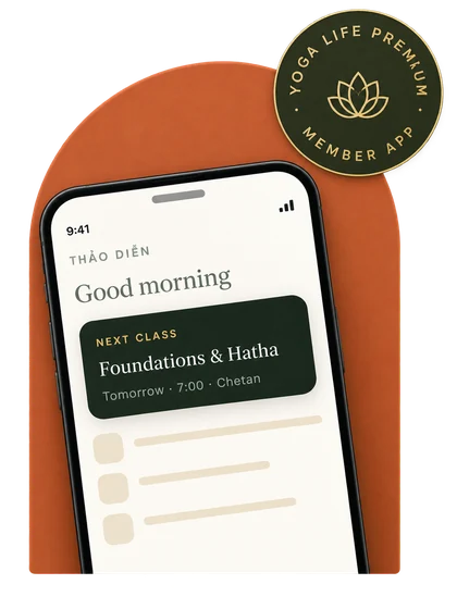 The Yoga Life Premium member app, showing the next class booked at Thảo Điền