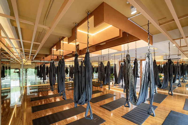 The aerial room with hammocks rigged above the mats