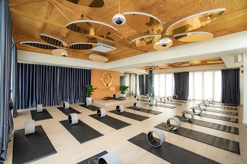 A studio room laid out with mats and yoga wheels under the gold ceiling